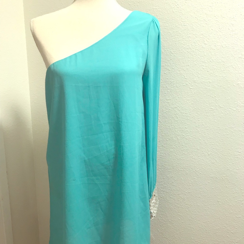 One Shoulder Rhinestone Sleeve Slip Dress